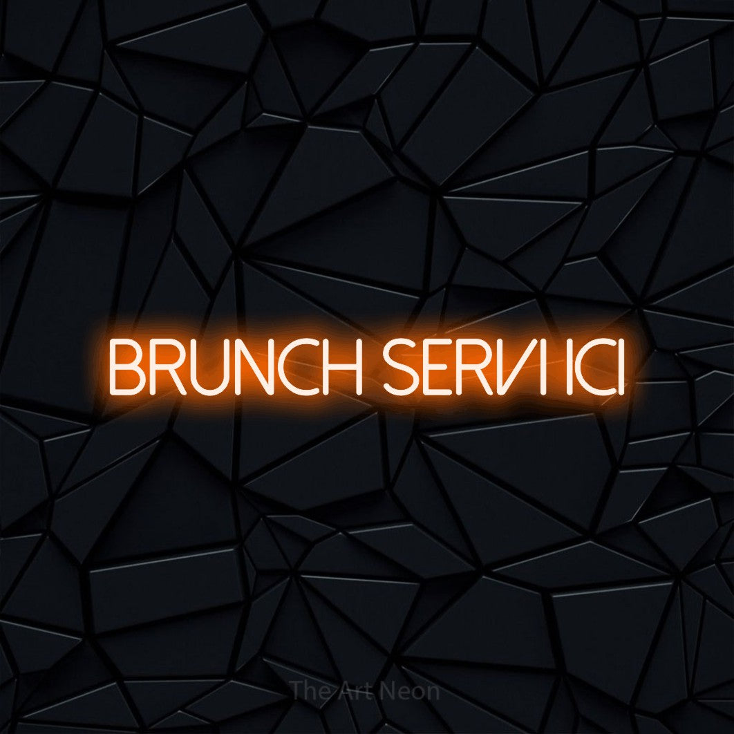 “Brunch servi ici” LED neon sign in orange, with thin sans-serif lettering, shown against a black polygonal surface.