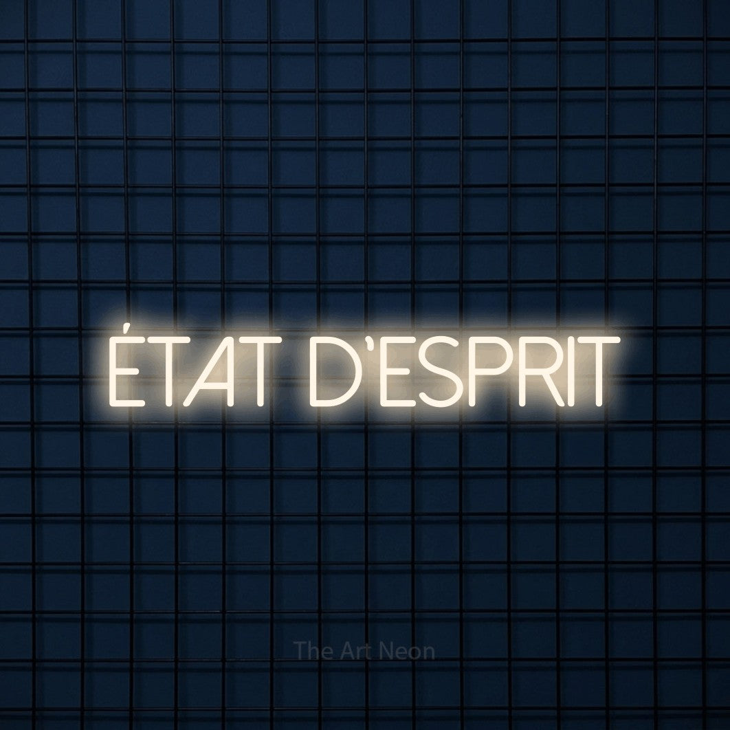 “État d'esprit” LED neon sign in warm white, with thin sans-serif lettering, shown against a dark blue grid.