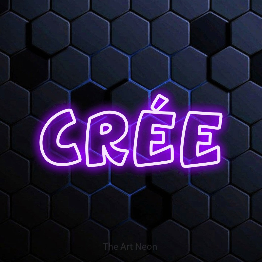 “Crée” LED neon sign in purple, with rounded outline lettering, shown against a dark blue honeycomb pattern.