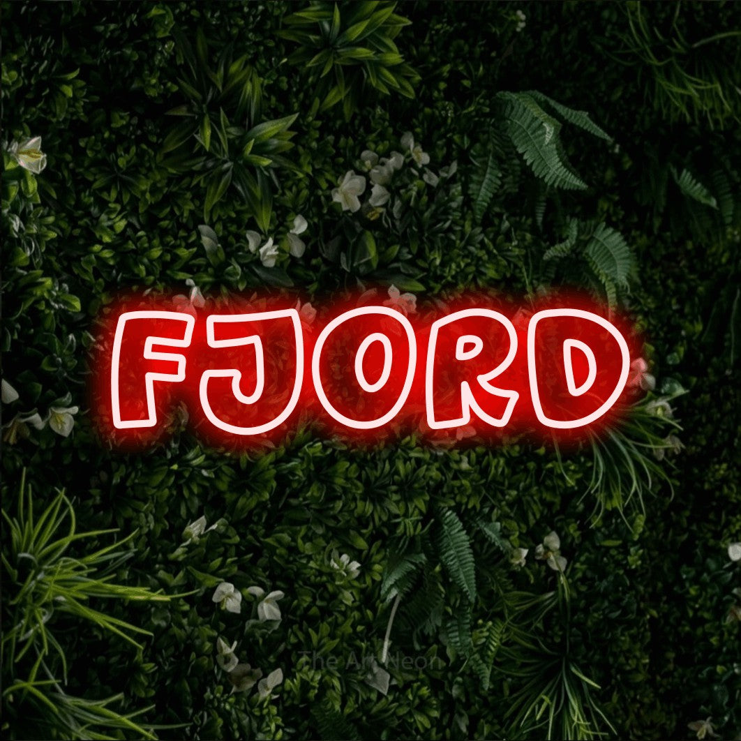 “Fjord” LED neon sign in red, with rounded outline lettering, shown against a dense green plant wall.