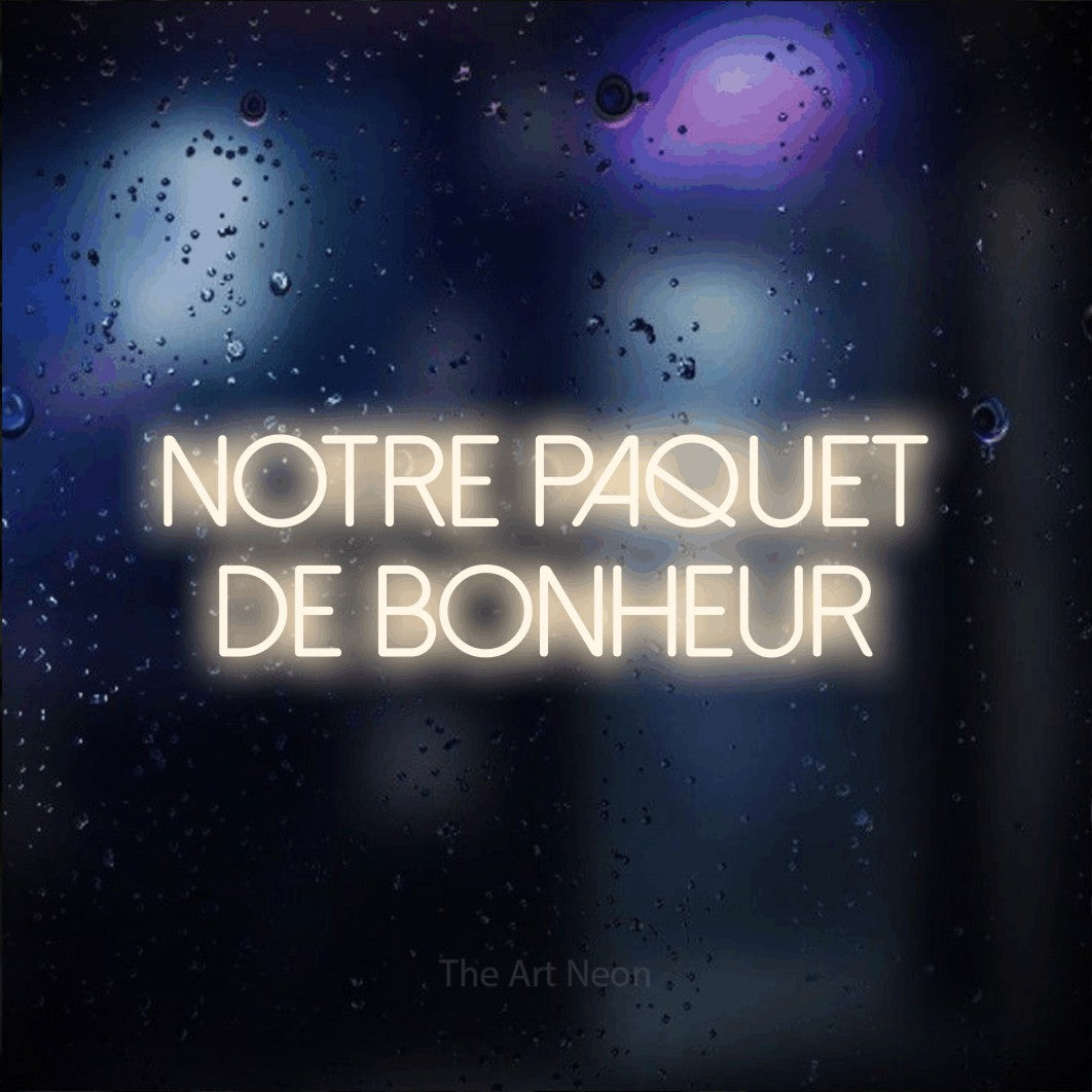 Décoration murale en néon LED « Notre paquet de bonheur » sur deux lignes en blanc chaud, en lettres fines sans empattement, installée sur une vitre aux reflets bleus et violets, pour une fête prénatale.