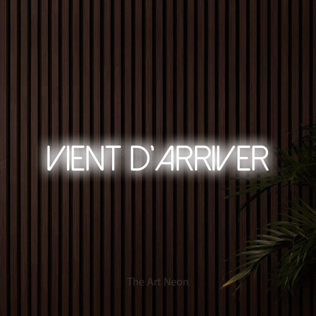 “Vient d'arriver” LED neon sign in cool white, with thin sans-serif lettering, shown against dark wooden wall slats.