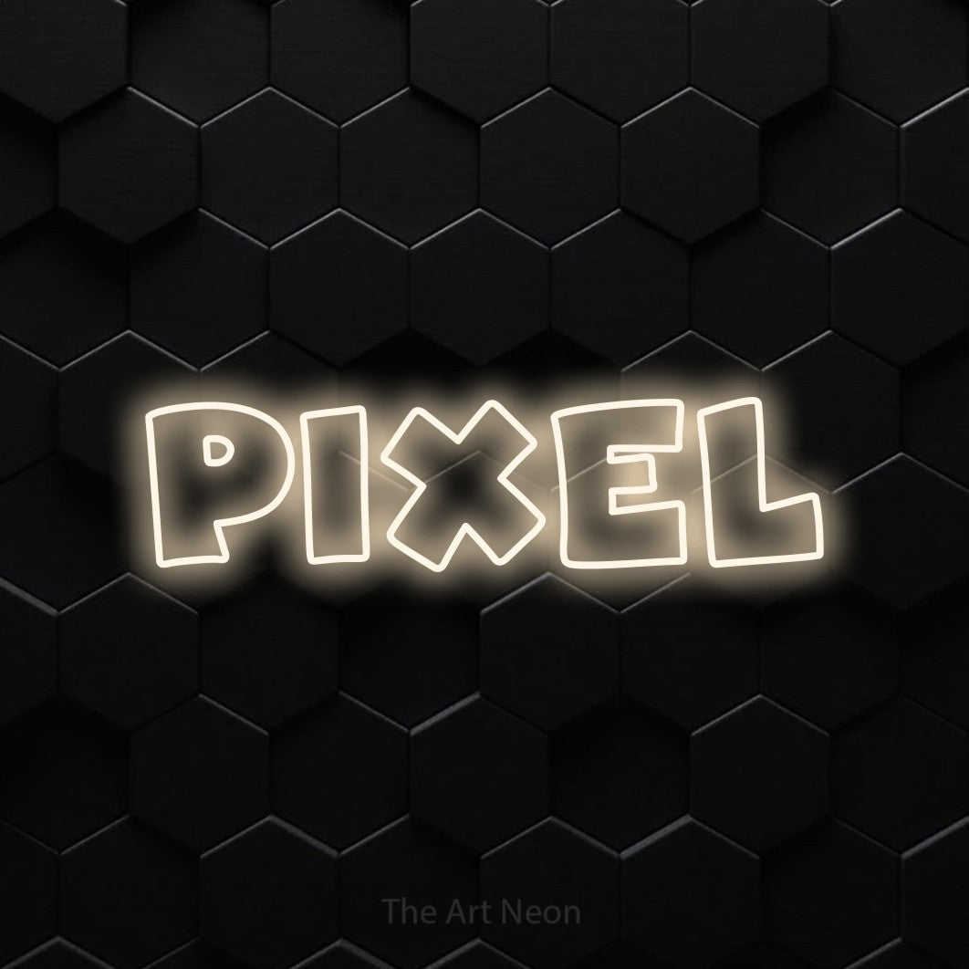 “Pixel” LED neon sign in warm white, with wide lettering with irregular outlines, shown against black hexagonal wall tiles.