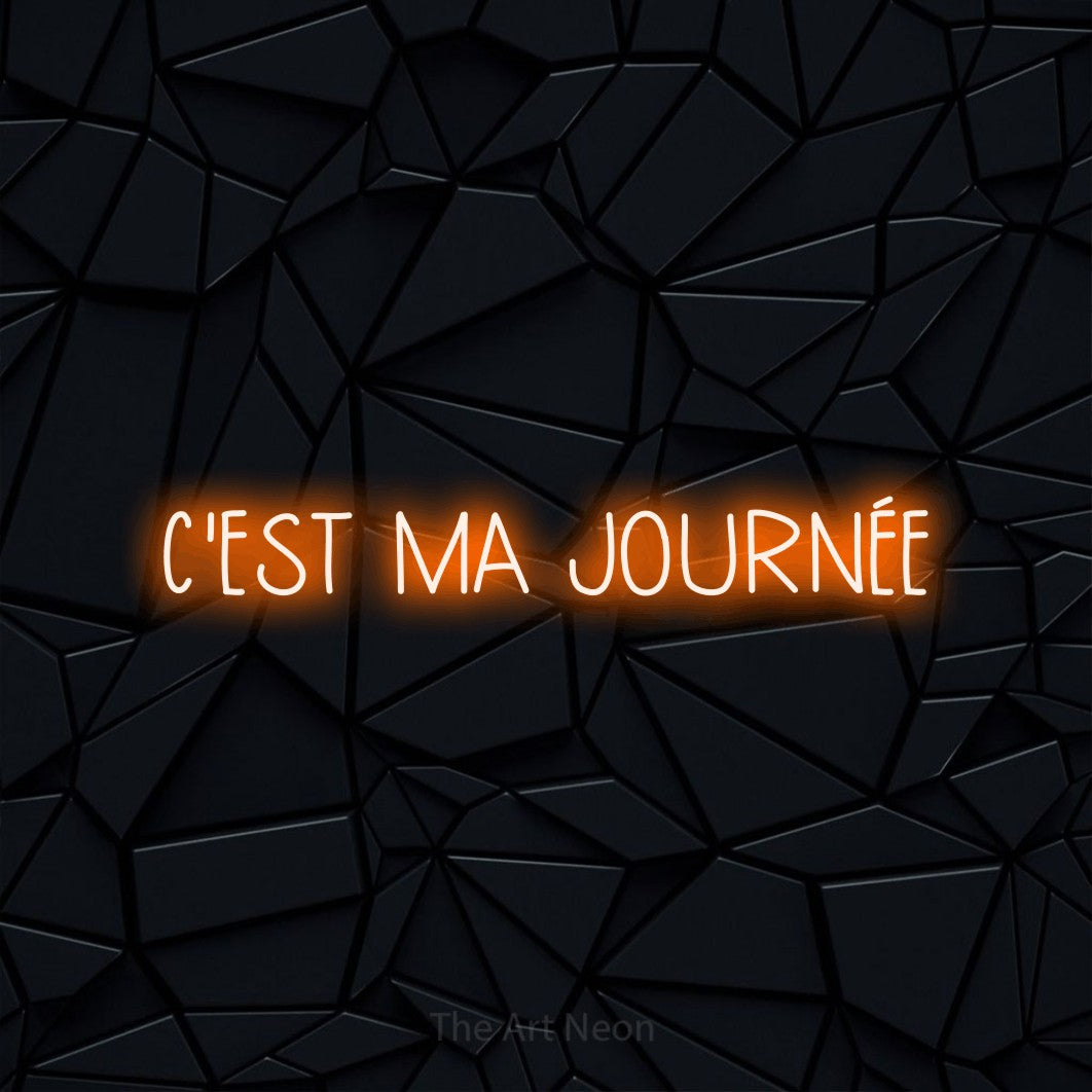 Composition en néon LED « C'est ma journée » en orange, en lettres étroites dessinées à la main, mise en valeur sur une surface polygonale noire, pour une fête.