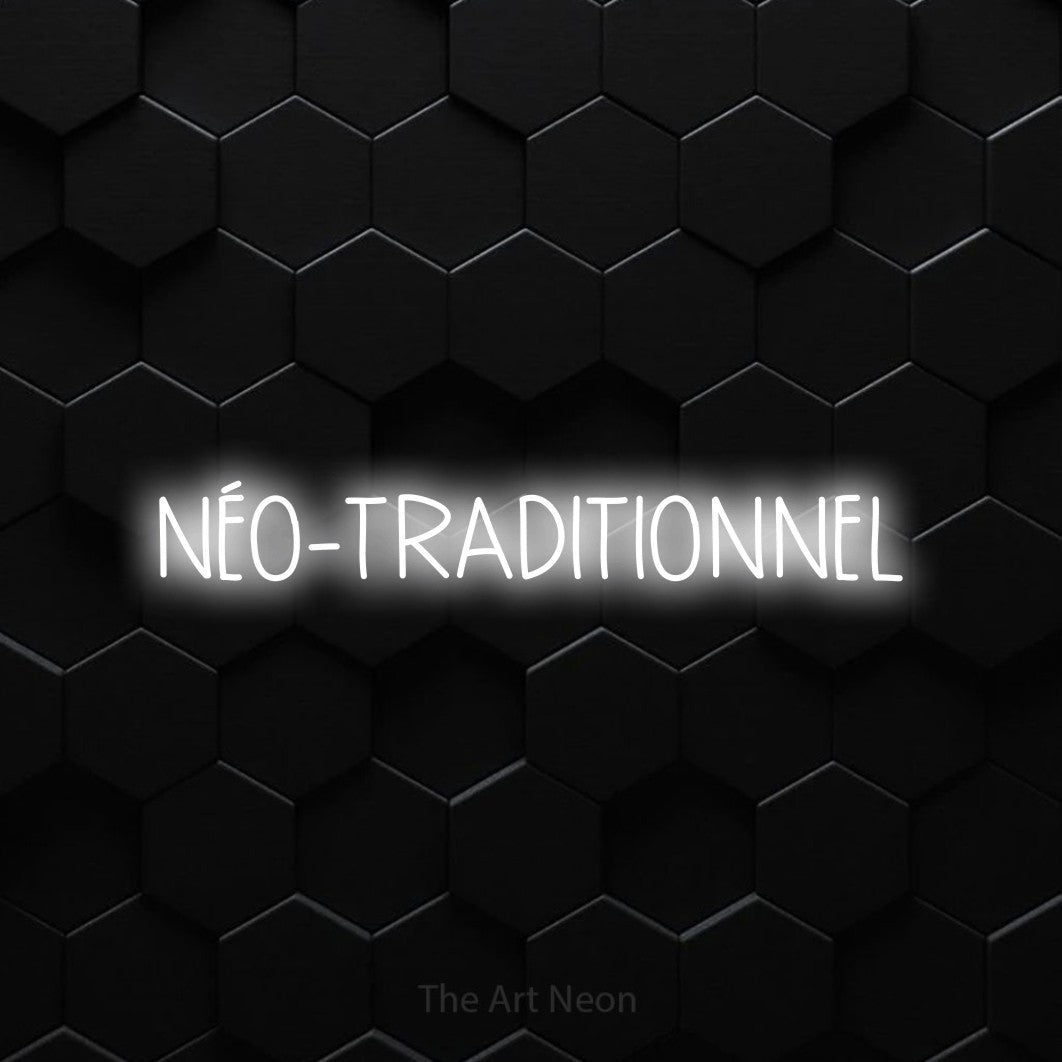 “Néo-traditionnel” LED neon sign in cool white, with narrow hand-drawn lettering, shown against black hexagonal wall tiles.