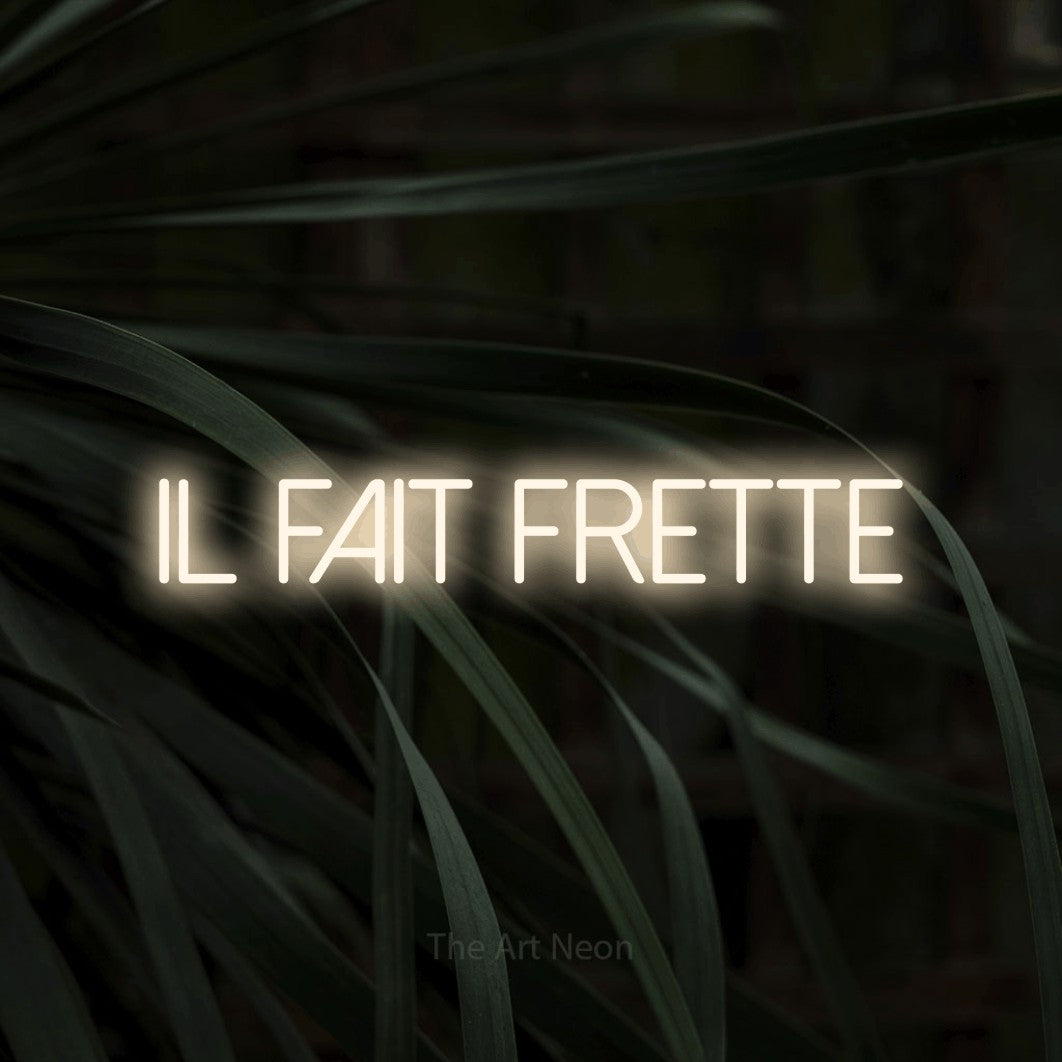 Enseigne néon LED « Il fait frette » en blanc chaud, en lettres fines sans empattement, présentée sur un feuillage sombre en gros plan, pour un décor canadien.