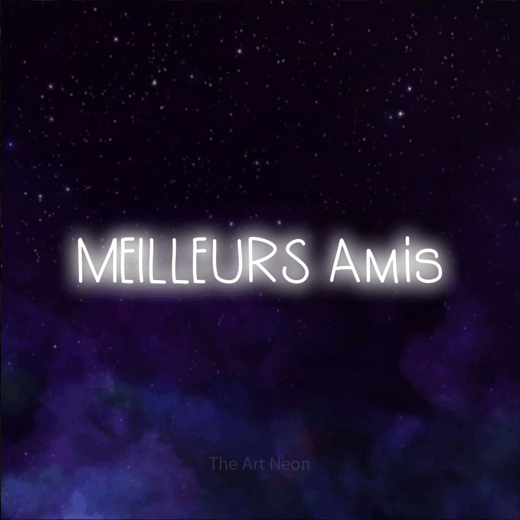 “Meilleurs amis” LED neon sign in cool white, with narrow hand-drawn lettering, shown against a purple galaxy backdrop.
