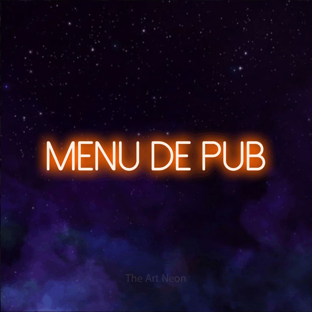 Décoration murale en néon LED « Menu de pub » en orange, en lettres fines sans empattement, installée sur une texture de galaxie violette, pour un bar ou un pub.