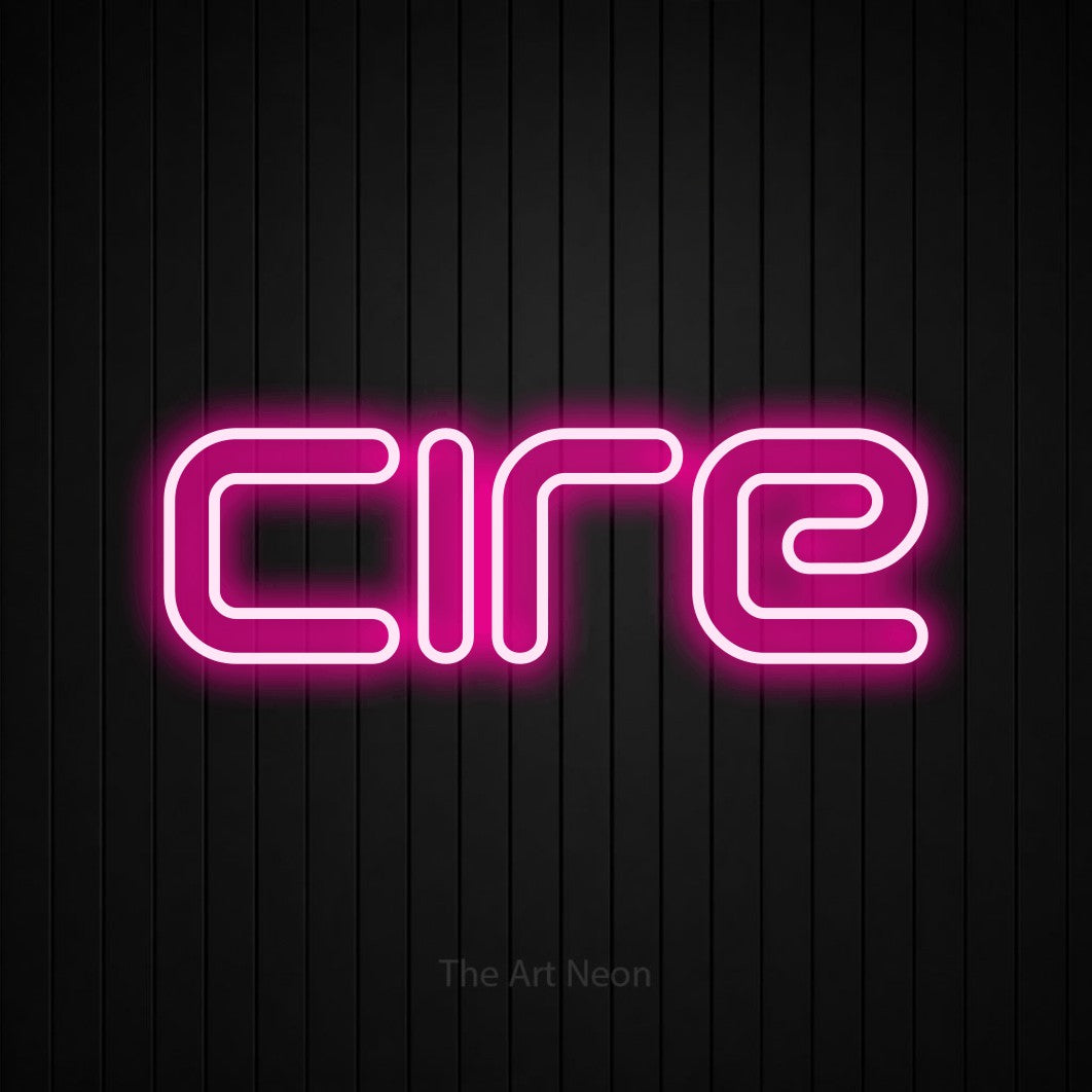 Décoration murale en néon LED « Cire » en rose vif, en lettres futuristes à double trait, installée sur un mur de lattes verticales noires, pour un salon de beauté.