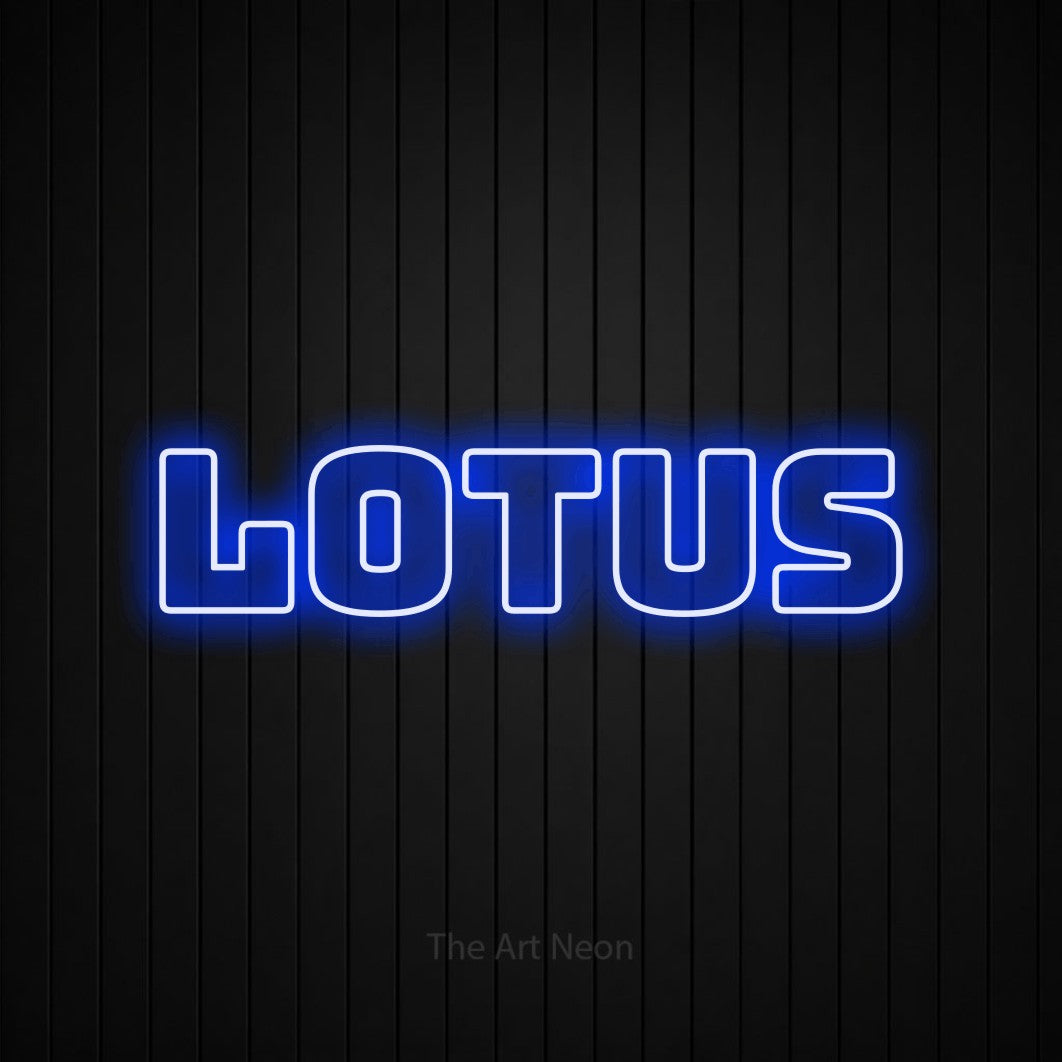 “Lotus” LED neon sign in blue, with bold outline lettering, shown against black vertical wall slats.