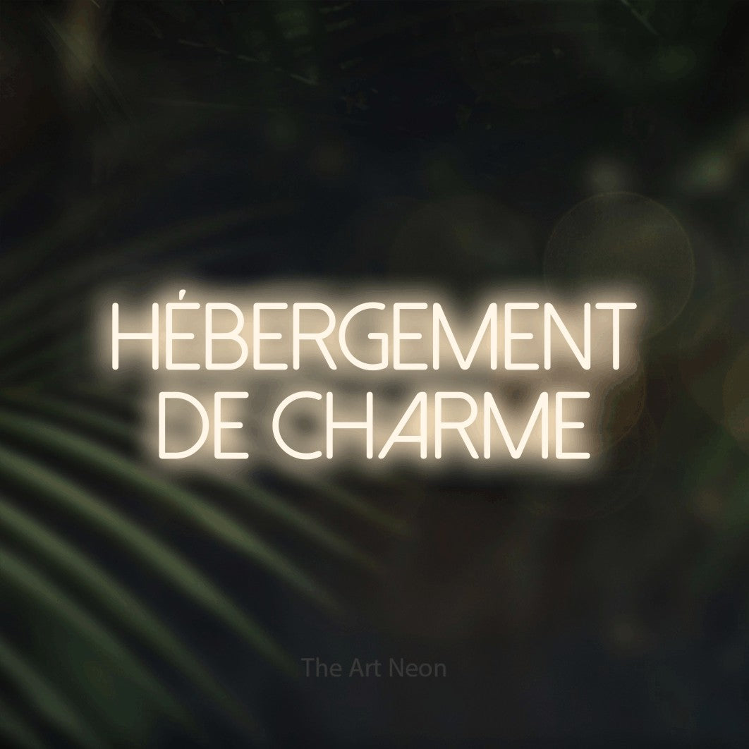 “Hébergement de charme” LED neon sign in warm white, with thin sans-serif lettering across 2 lines, shown against a blurred palm and bokeh-light backdrop.