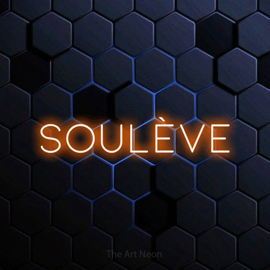 Lettrage en néon LED « Soulève » en orange, en lettres fines et espacées, présenté sur un motif alvéolé bleu foncé, pour un espace d’entraînement.