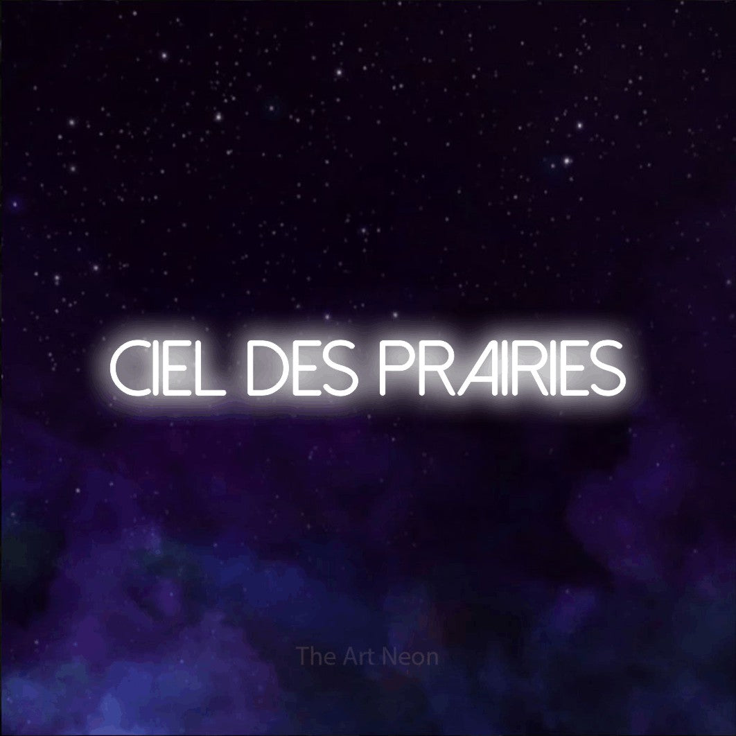 Aperçu d’une enseigne néon LED « Ciel des prairies » en blanc froid, en lettres fines sans empattement, photographiée sur une texture de galaxie violette, pour un décor canadien.