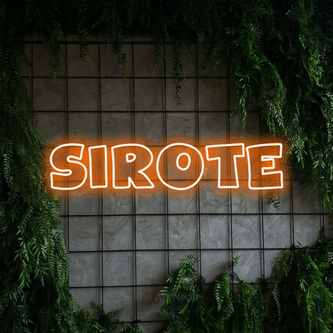 “Sirote” LED neon sign in orange, with wide lettering with irregular outlines, shown against an ivy-covered concrete grid.