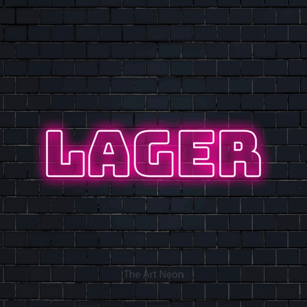 “Lager” LED neon sign in hot pink, with bold outline lettering, shown against a dark navy brick wall.