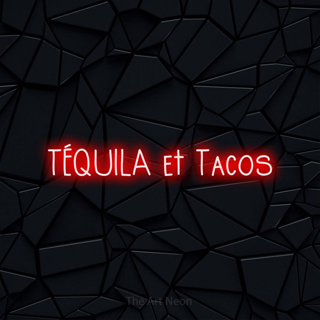 Aperçu d’une enseigne néon LED « Téquila et tacos » en rouge, en lettres étroites dessinées à la main, photographiée sur une surface polygonale noire, pour un bar ou un pub.