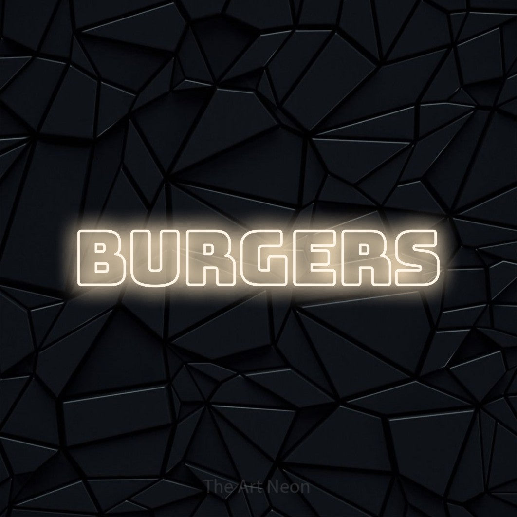 “Burgers” LED neon sign in warm white, with bold outline lettering, shown against a black polygonal surface.