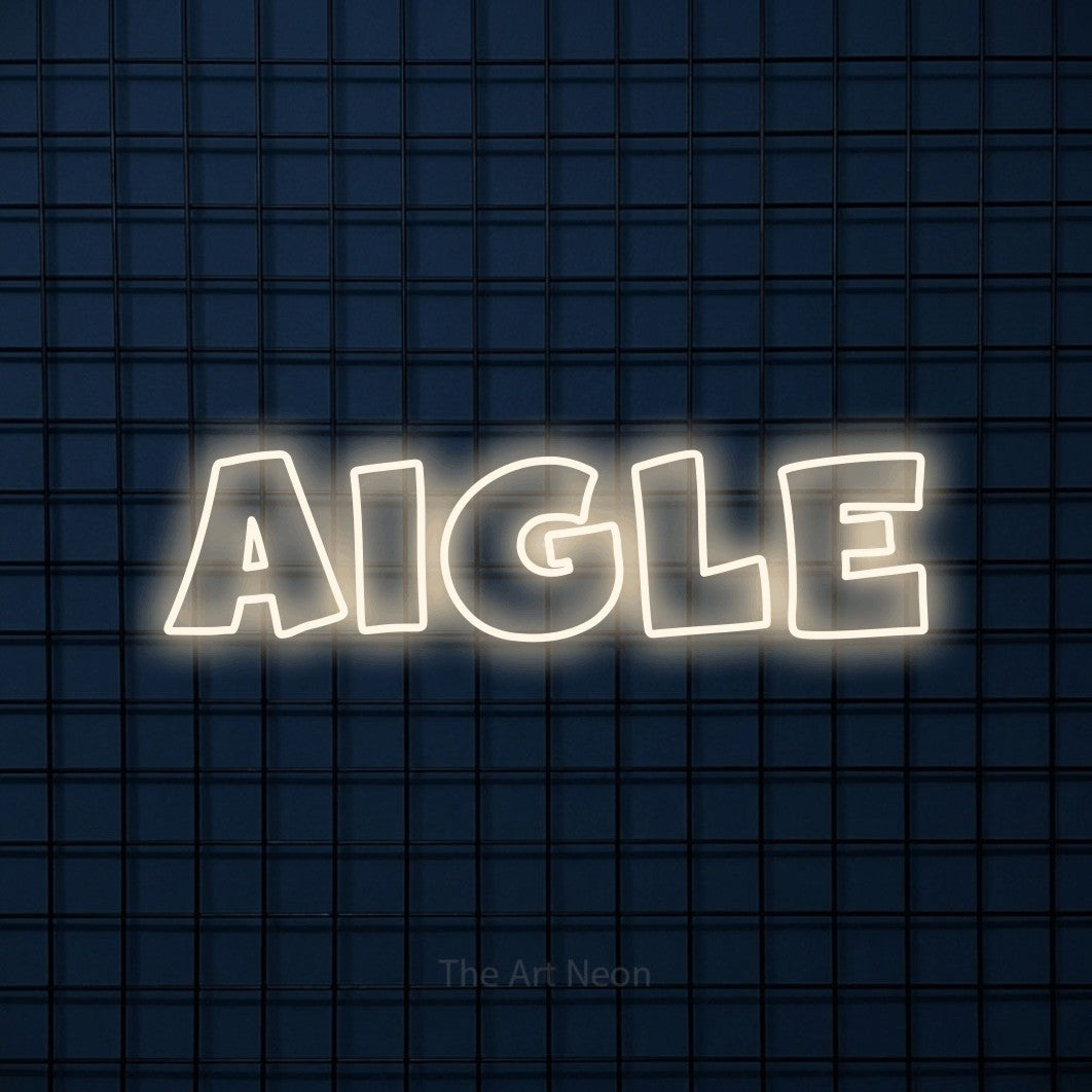 “Aigle” LED neon sign in warm white, with wide lettering with irregular outlines, shown against a dark blue grid.