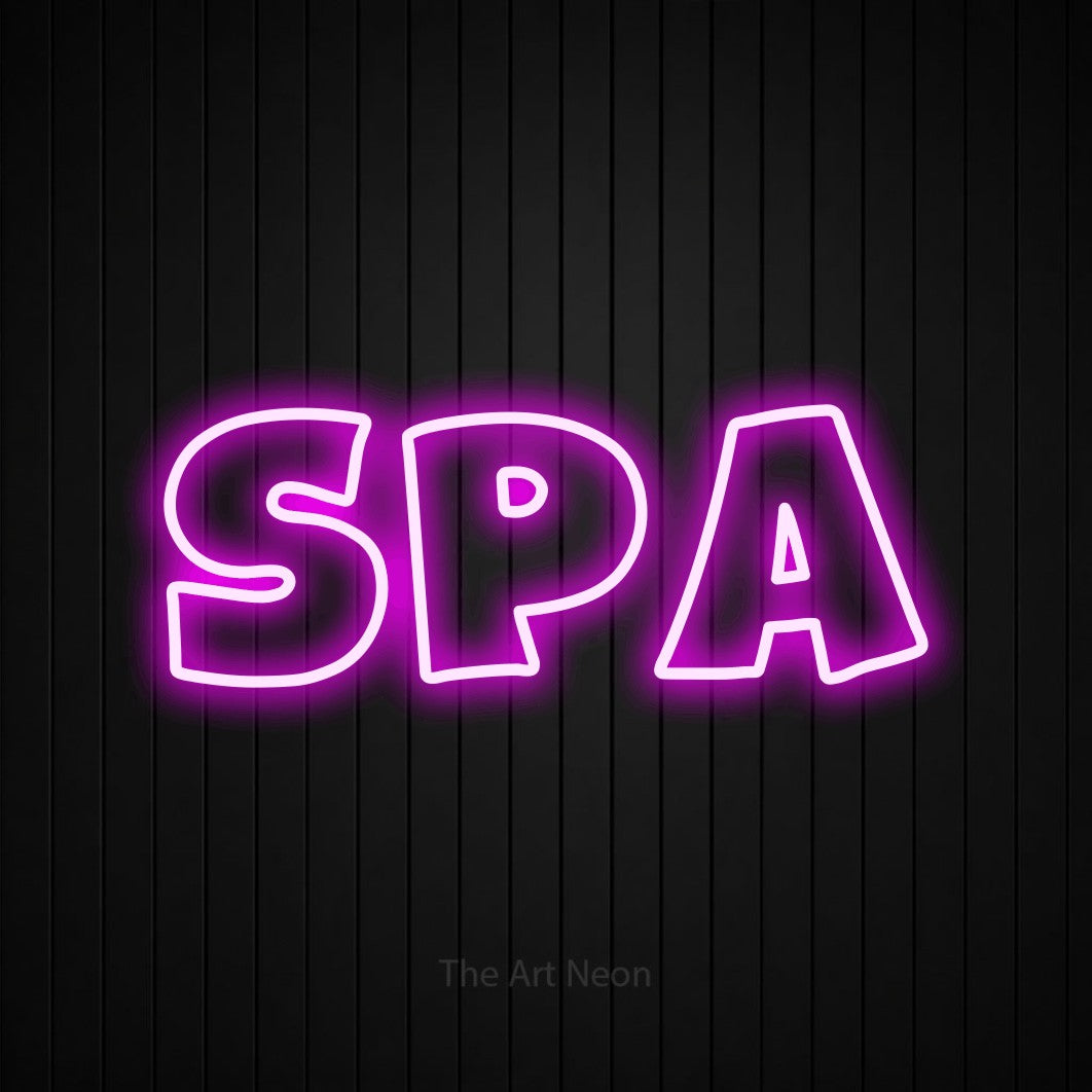 “Spa” LED neon sign in pink, with wide lettering with irregular outlines, shown against black vertical wall slats.