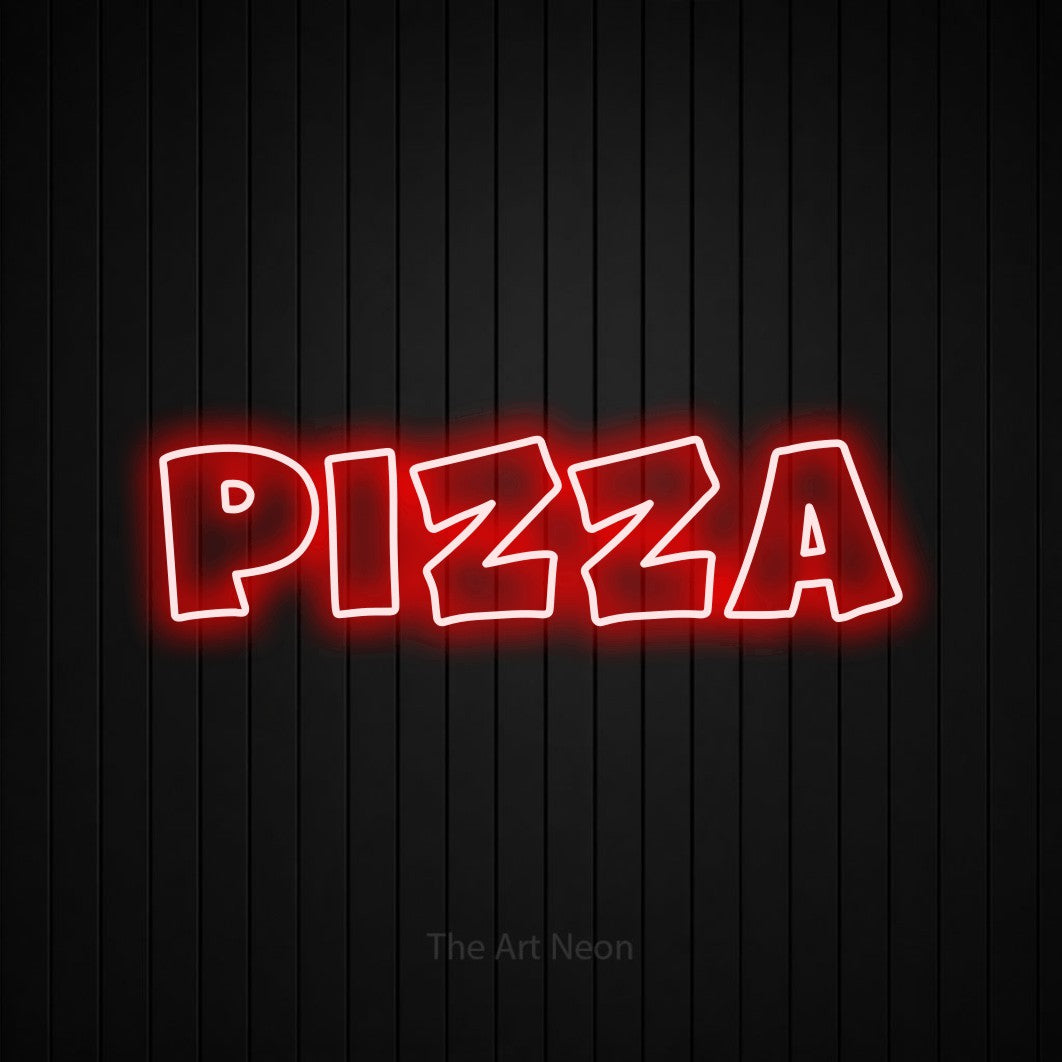 “Pizza” LED neon sign in red, with wide lettering with irregular outlines, shown against black vertical wall slats.