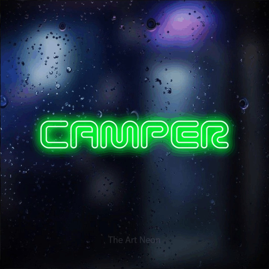 “Camper” LED neon sign in green, with futuristic double-line lettering, shown against glass with blue and purple reflections.