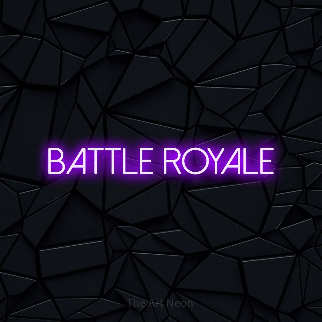 “Battle royale” LED neon sign in purple, with thin sans-serif lettering, shown against a black polygonal surface.