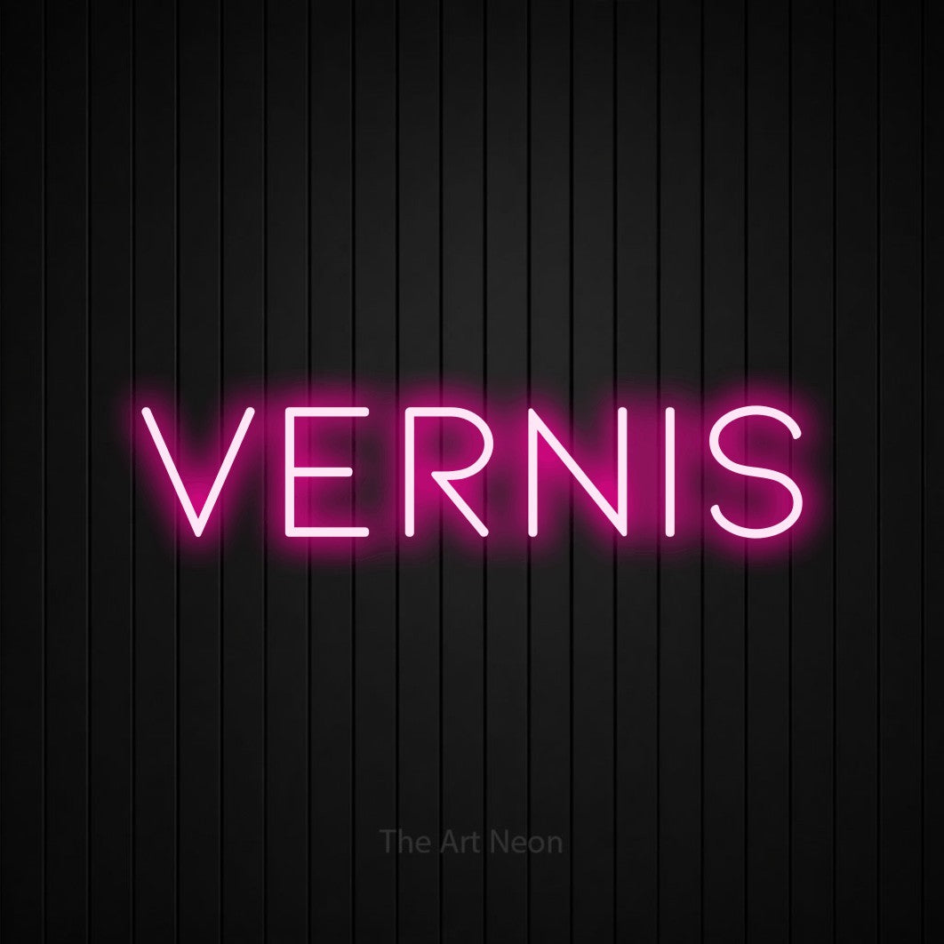 “Vernis” LED neon sign in hot pink, with thin, widely spaced lettering, shown against black vertical wall slats.