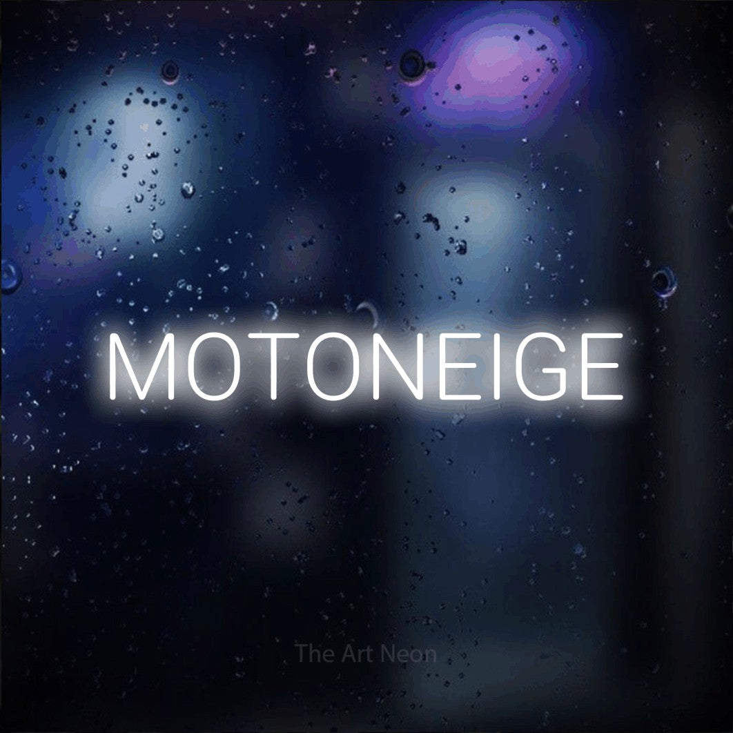 “Motoneige” LED neon sign in cool white, with rounded sans-serif lettering, shown against glass with blue and purple reflections.