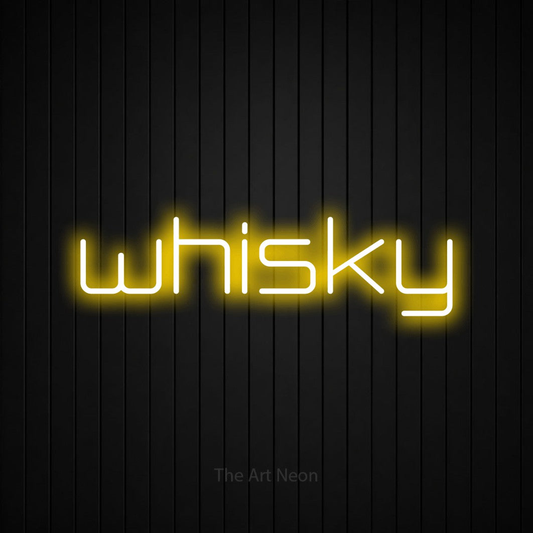 “Whisky” LED neon sign in yellow, with rounded geometric lettering, shown against black vertical wall slats.