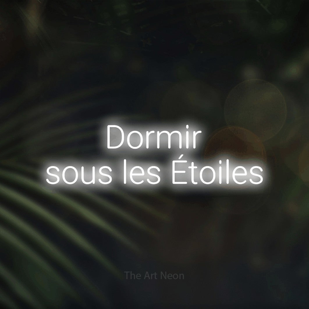 “Dormir sous les étoiles” LED neon sign in cool white, with rounded sans-serif lettering across 2 lines, shown against a blurred palm and bokeh-light backdrop.