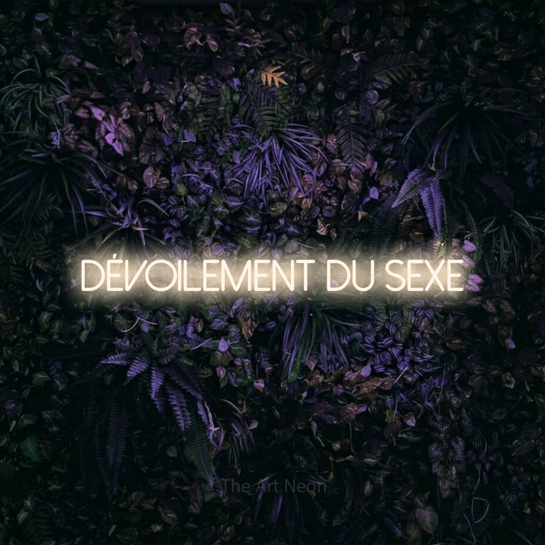 Enseigne néon LED « Dévoilement du sexe » en blanc chaud, en lettres fines sans empattement, présentée sur un mur sombre aux fleurs violettes, pour une fête prénatale.