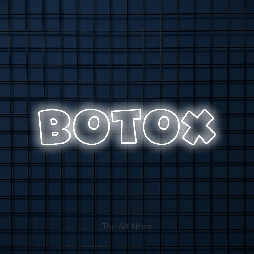 “Botox” LED neon sign in cool white, with wide lettering with irregular outlines, shown against a dark blue grid.
