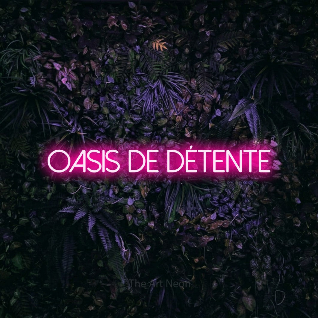 “Oasis de détente” LED neon sign in hot pink, with thin sans-serif lettering, shown against a dark wall with purple flowers.