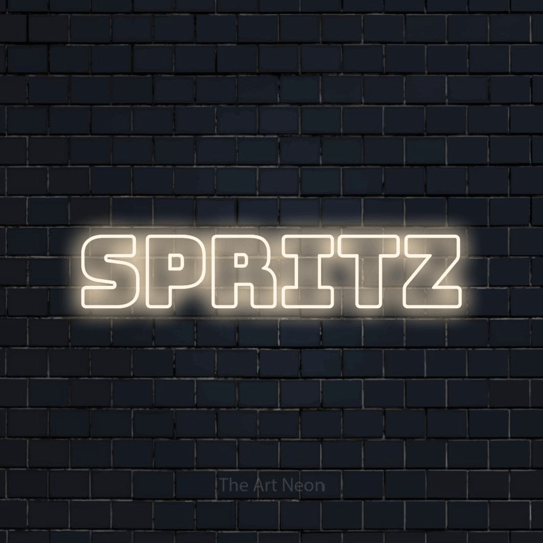 “Spritz” LED neon sign in warm white, with bold outline lettering, shown against a dark navy brick wall.