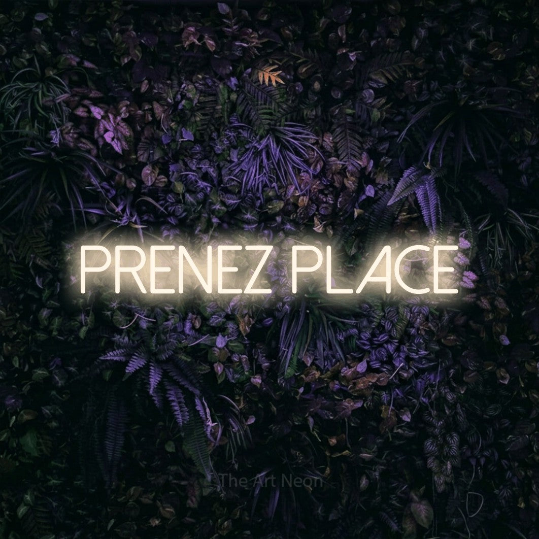 “Prenez place” LED neon sign in warm white, with thin sans-serif lettering, shown against a dark wall with purple flowers.