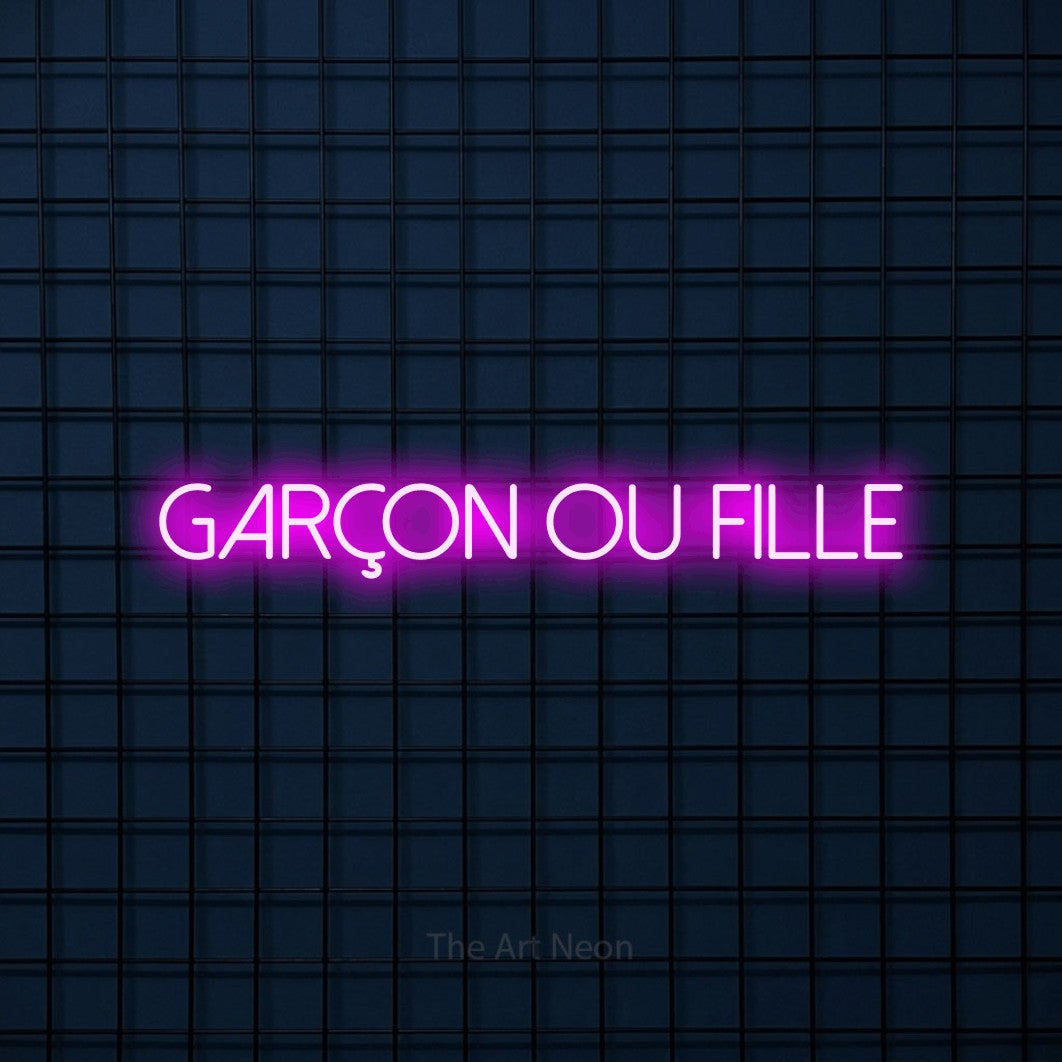 “Garçon ou fille” LED neon sign in pink, with thin sans-serif lettering, shown against a dark blue grid.
