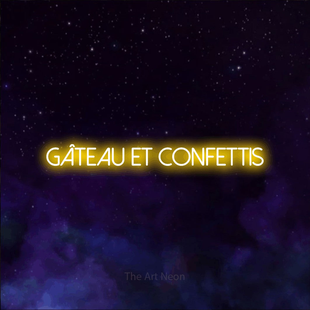 “Gâteau et confettis” LED neon sign in yellow, with thin sans-serif lettering, shown against a purple galaxy backdrop.
