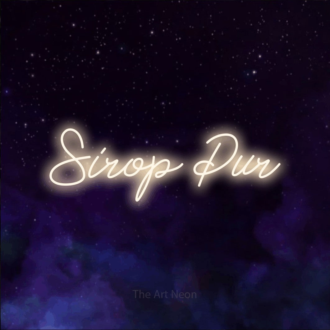 “Sirop pur” LED neon sign in warm white, with cursive lettering, shown against a purple galaxy backdrop.