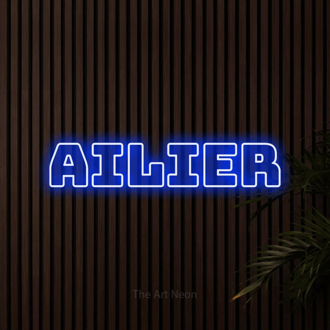 “Ailier” LED neon sign in blue, with bold outline lettering, shown against dark wooden wall slats.