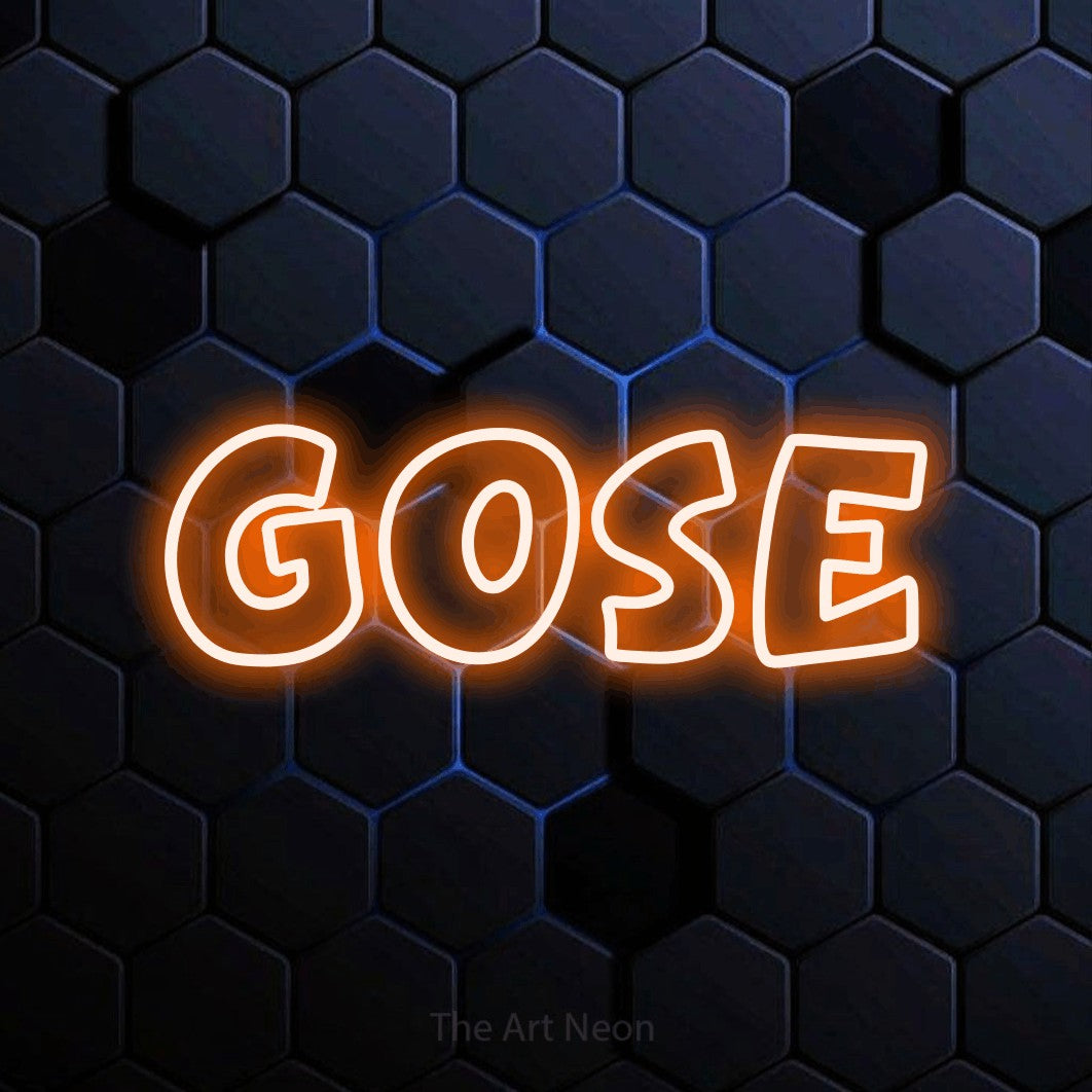 “Gose” LED neon sign in orange, with rounded outline lettering, shown against a dark blue honeycomb pattern.