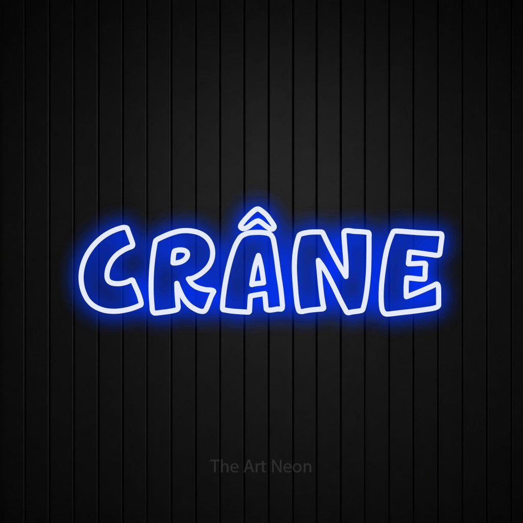 “Crâne” LED neon sign in blue, with rounded outline lettering, shown against black vertical wall slats.