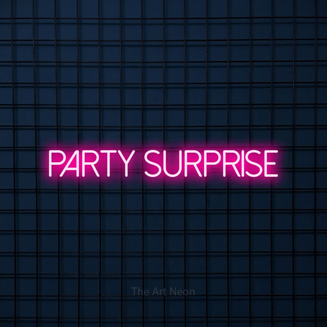 “Party surprise” LED neon sign in hot pink, with thin sans-serif lettering, shown against a dark blue grid.