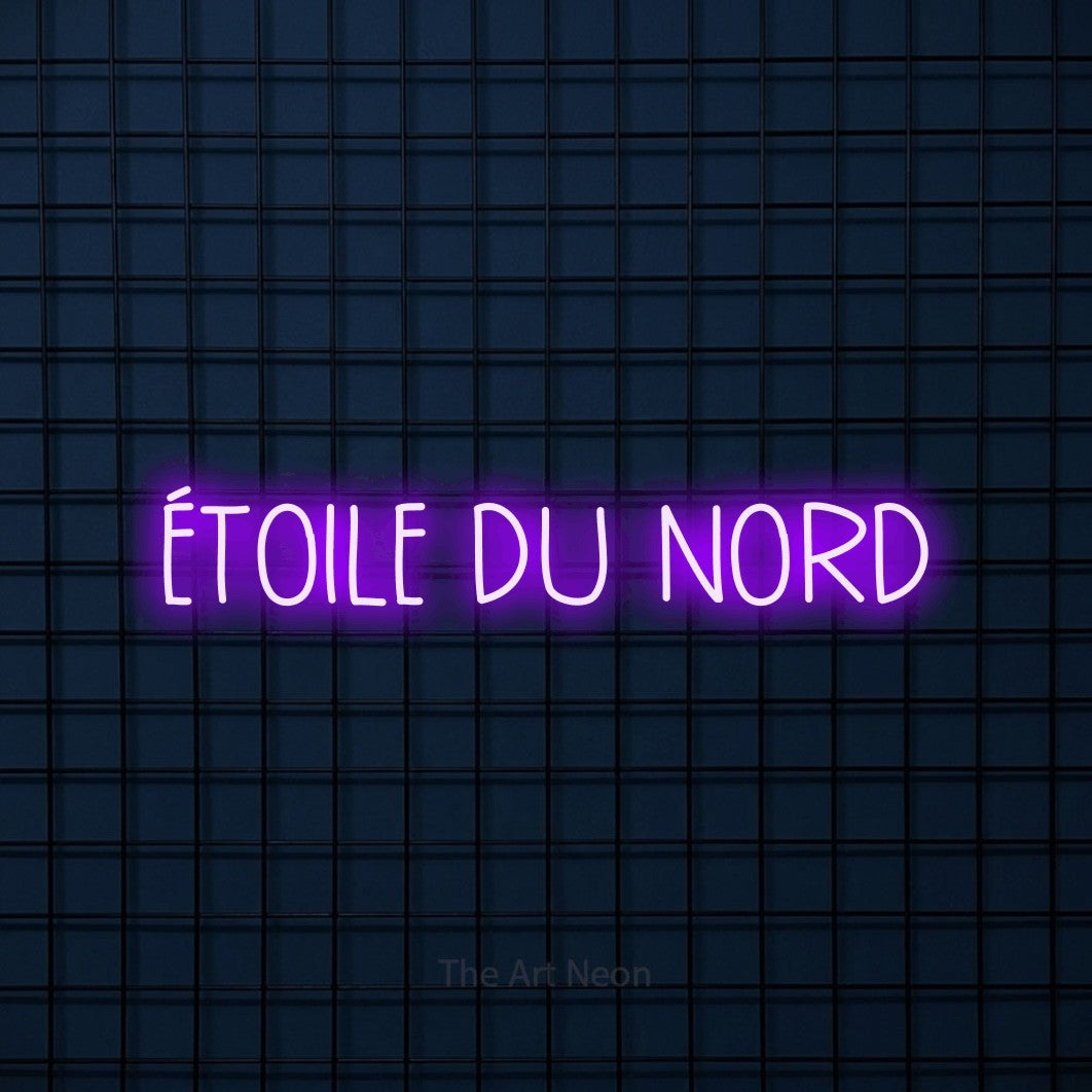 “Étoile du nord” LED neon sign in purple, with narrow hand-drawn lettering, shown against a dark blue grid.