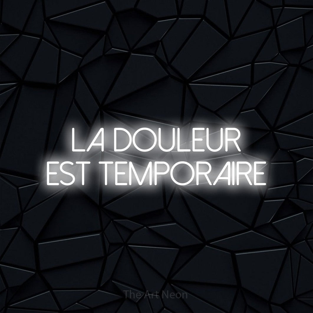 “La douleur est temporaire” LED neon sign in cool white, with thin sans-serif lettering across 2 lines, shown against a black polygonal surface.