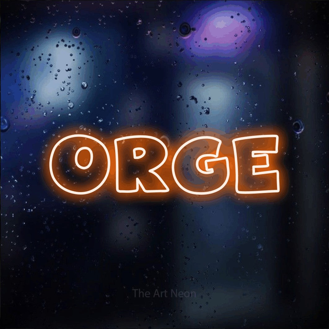 “Orge” LED neon sign in orange, with wide lettering with irregular outlines, shown against glass with blue and purple reflections.