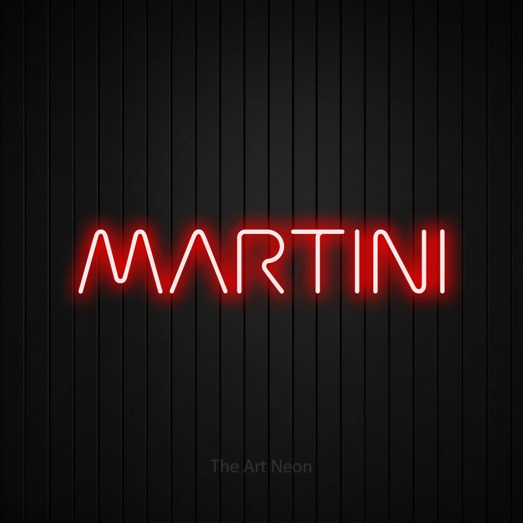 Aperçu d’une enseigne néon LED « Martini » en rouge, en lettres géométriques stylisées, photographiée sur un mur de lattes verticales noires, pour un bar à la maison.