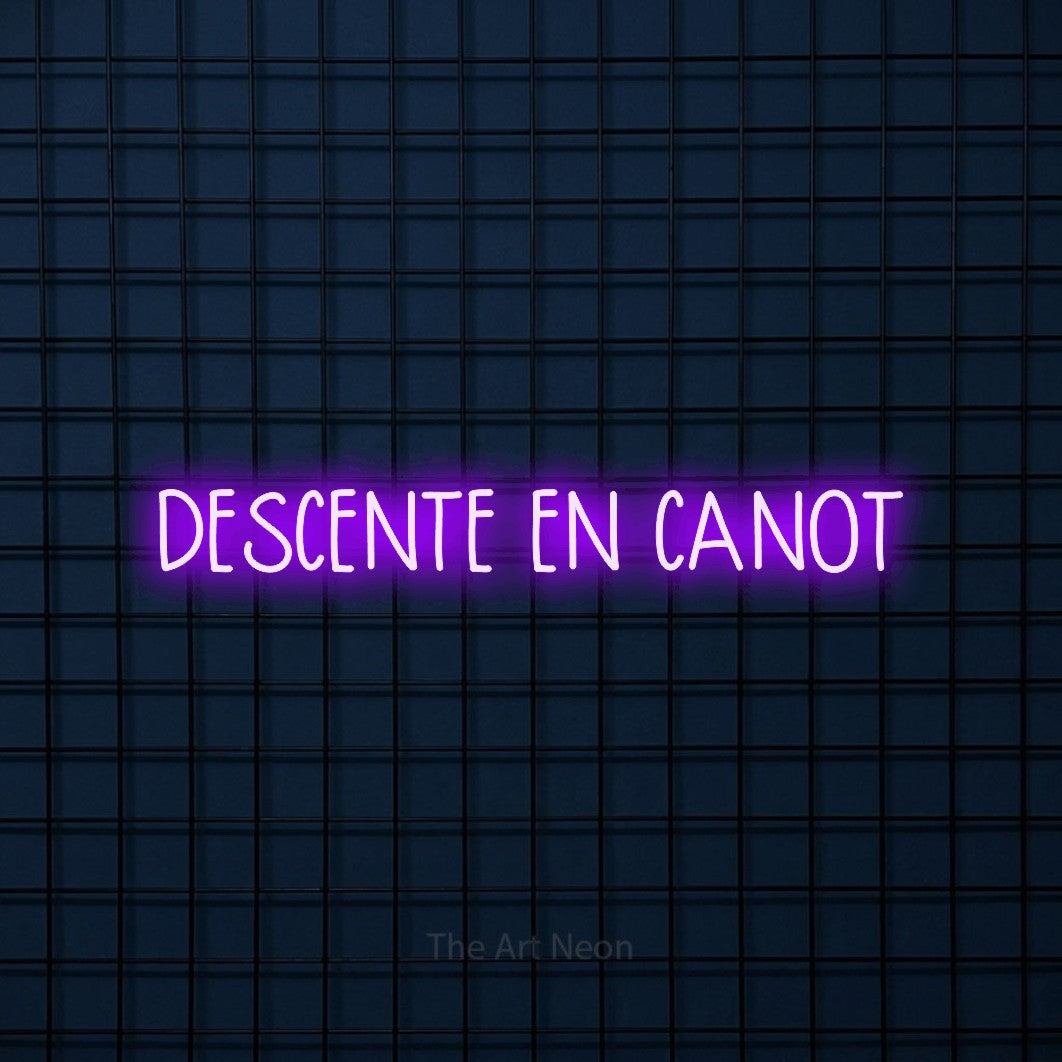 “Descente en canot” LED neon sign in purple, with narrow hand-drawn lettering, shown against a dark blue grid.