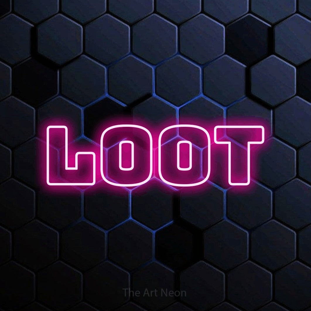 “Loot” LED neon sign in hot pink, with bold outline lettering, shown against a dark blue honeycomb pattern.