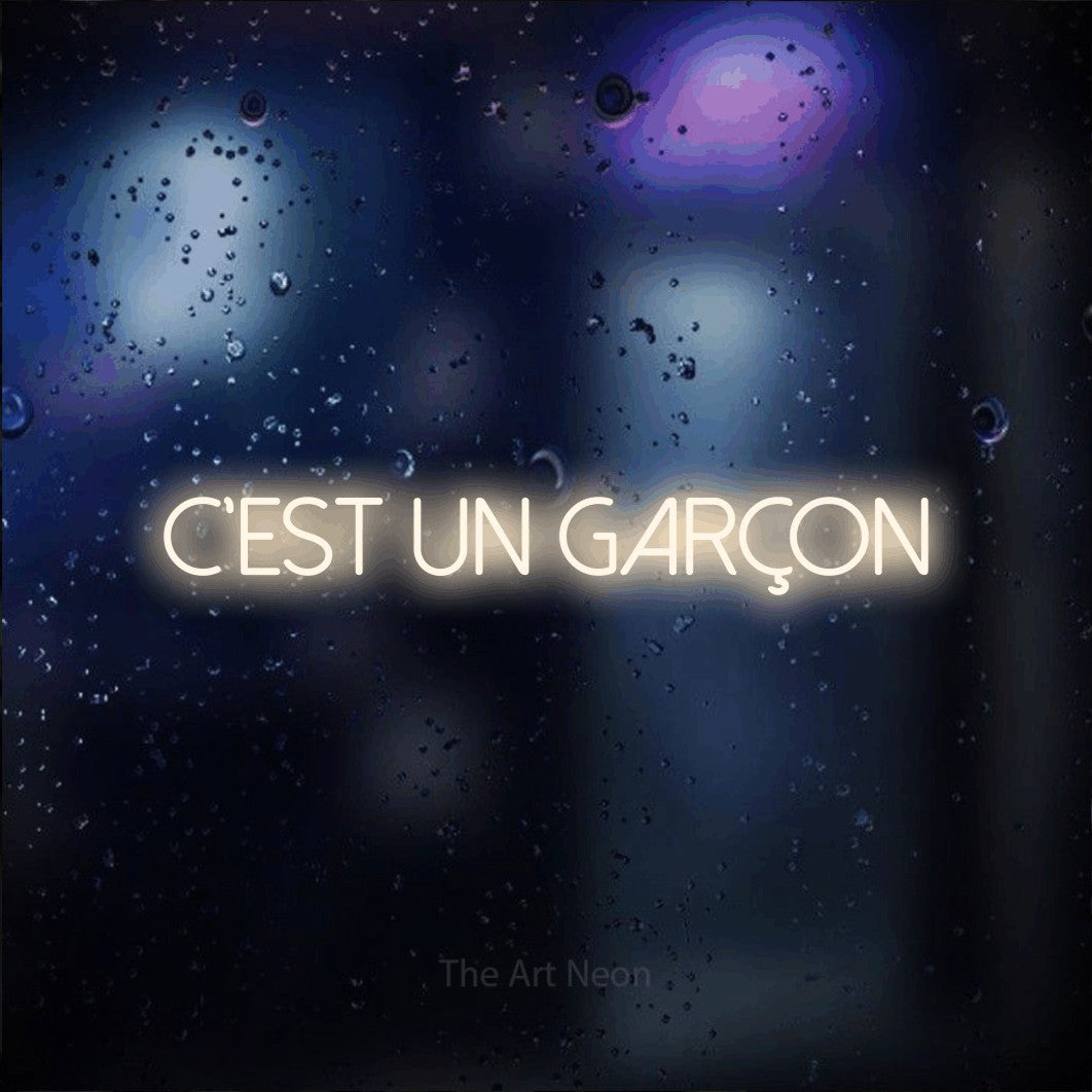 “C'est un garçon” LED neon sign in warm white, with thin sans-serif lettering, shown against glass with blue and purple reflections.