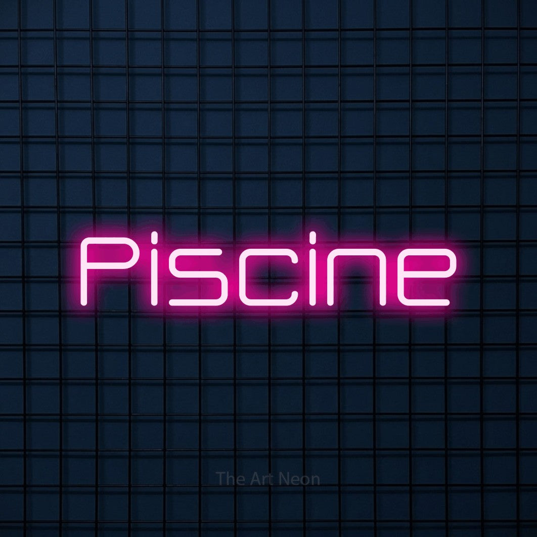 “Piscine” LED neon sign in hot pink, with rounded geometric lettering, shown against a dark blue grid.